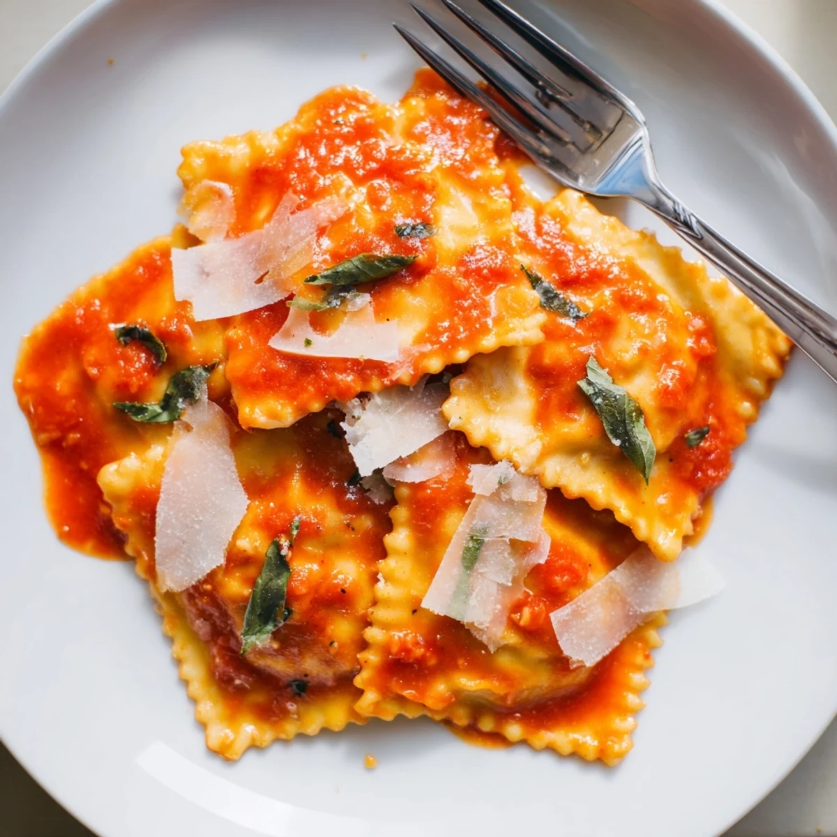 Overhead view of 20-Minute Ravioli with Simple Sauce plated with salad and crusty bread, perfect for a weeknight meal.