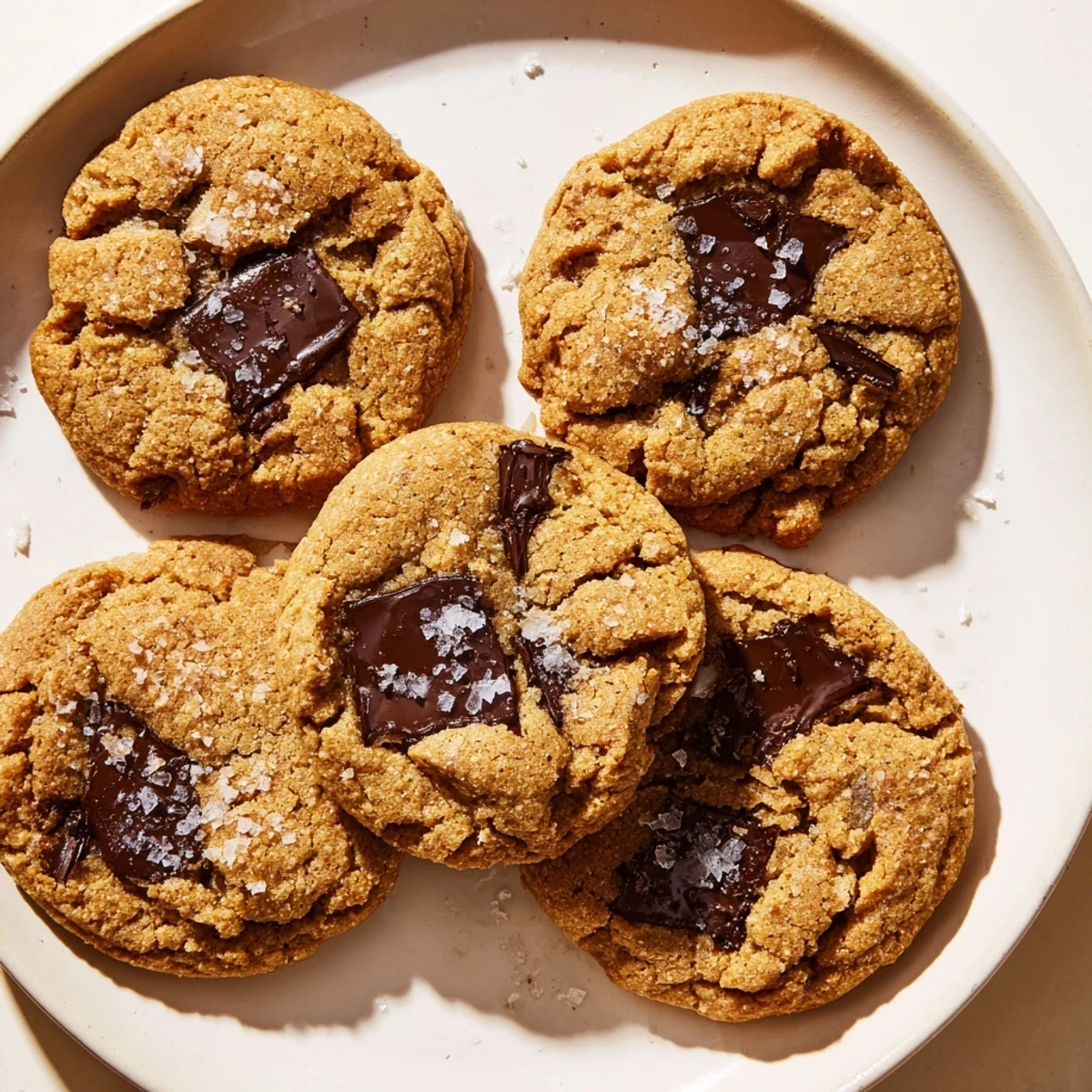 Warm Miso Chocolate Chip Cookies with melty semi-sweet chocolate chips on a rustic wooden table.