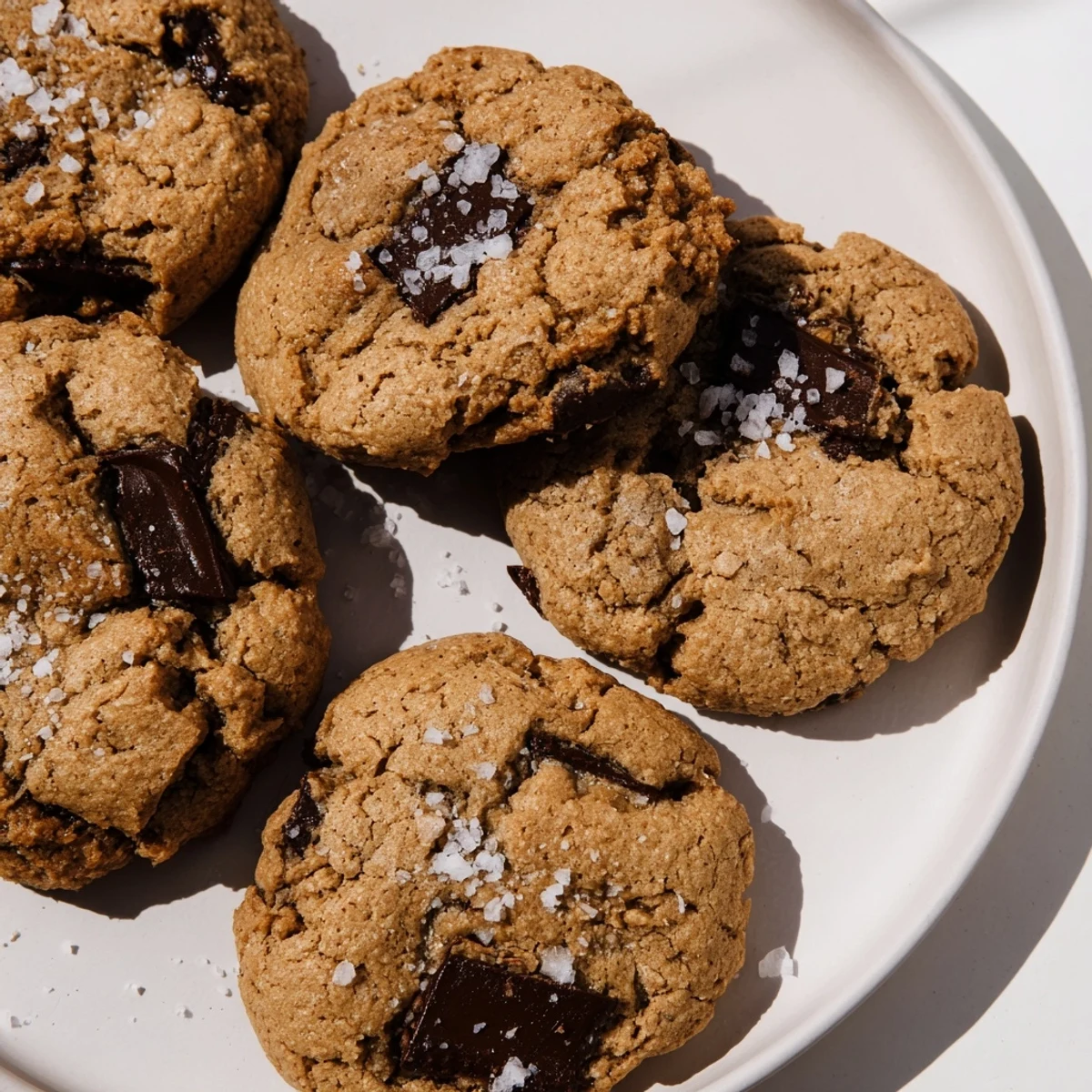 A close-up of golden Miso Chocolate Chip Cookies showing a chewy center and buttery edges on a wire rack.