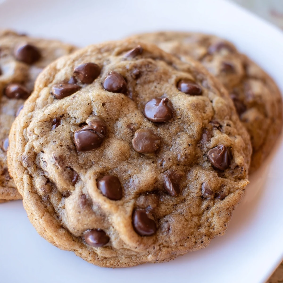 Stacked Chai Spiced Chocolate Chip Cookies next to a steaming mug of chai.