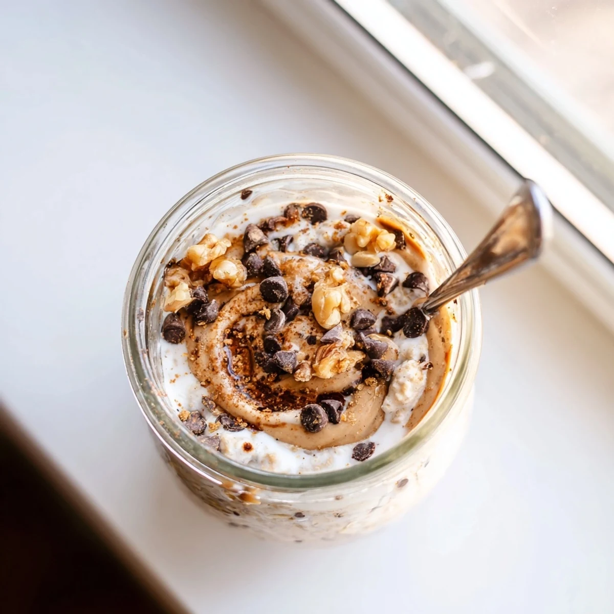 Creamy jar of Cookie Dough Overnight Oats topped with mini chocolate chips and a drizzle of almond butter.