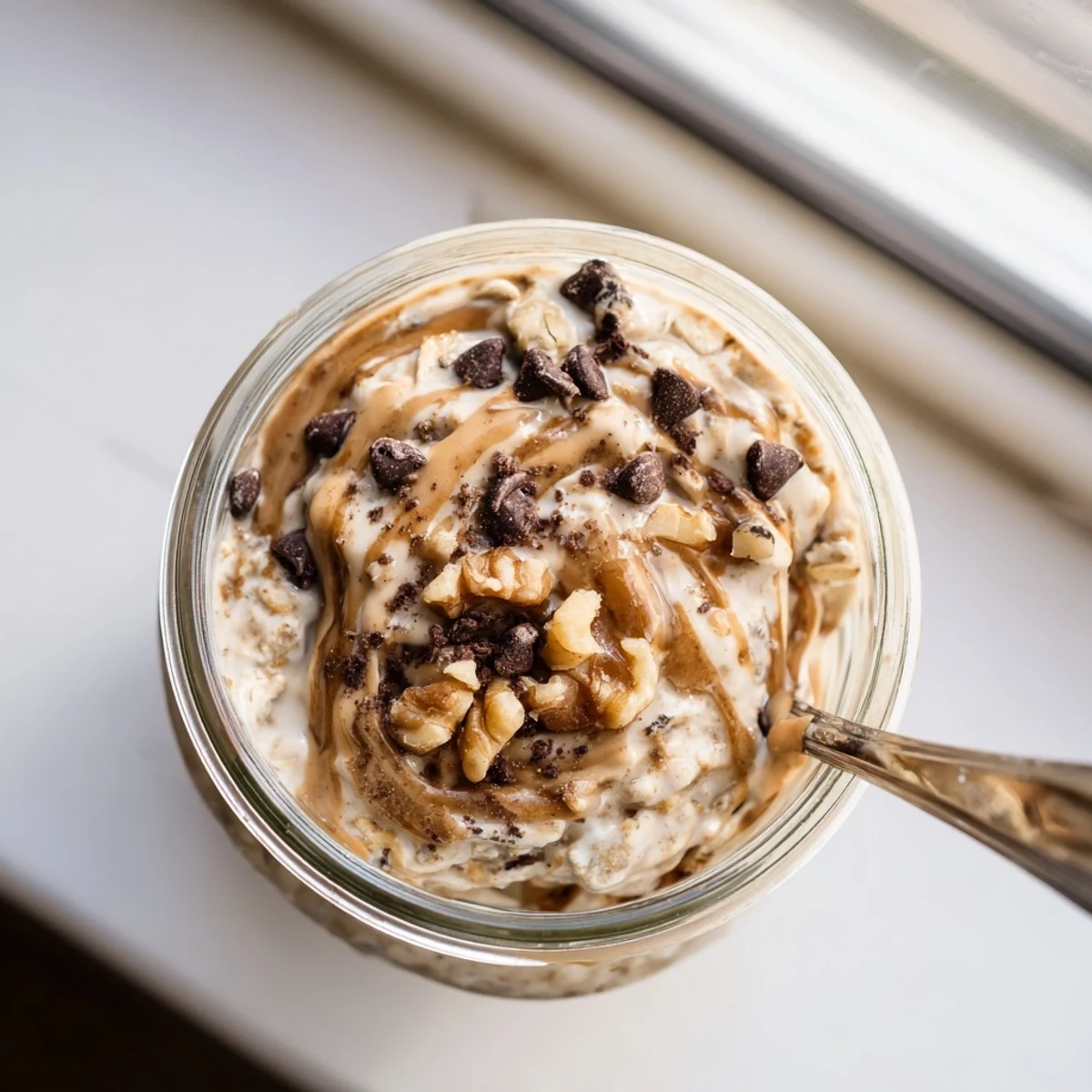 A close up view of Cookie Dough Overnight Oats in a mason jar, layered with rolled oats and cinnamon.