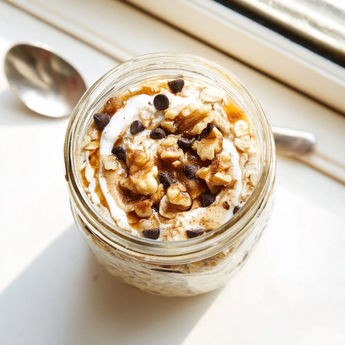 Healthy Cookie Dough Overnight Oats breakfast served chilled, with optional walnuts and a spoon ready to enjoy.