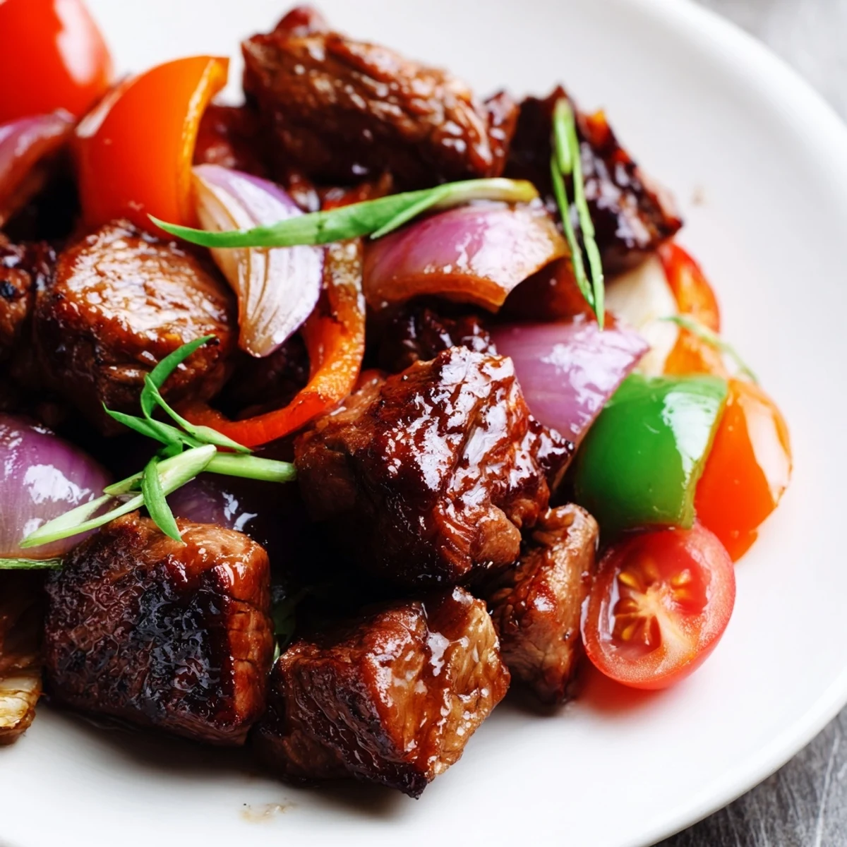 Juicy cubes of Vietnamese Shaking Beef sizzle in a hot wok with crisp red onion and vibrant bell peppers for a savory, tangy stir-fry experience.