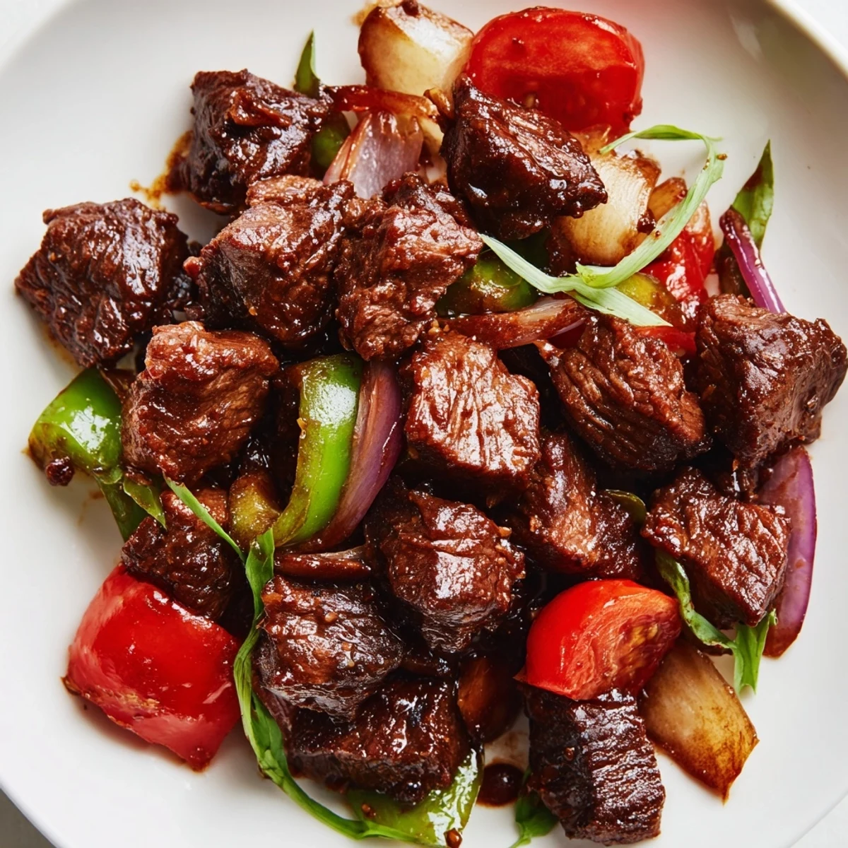 Vietnamese Shaking Beef served on a bed of fresh watercress and tomato slices, alongside steamed jasmine rice and a zesty lime dipping sauce.