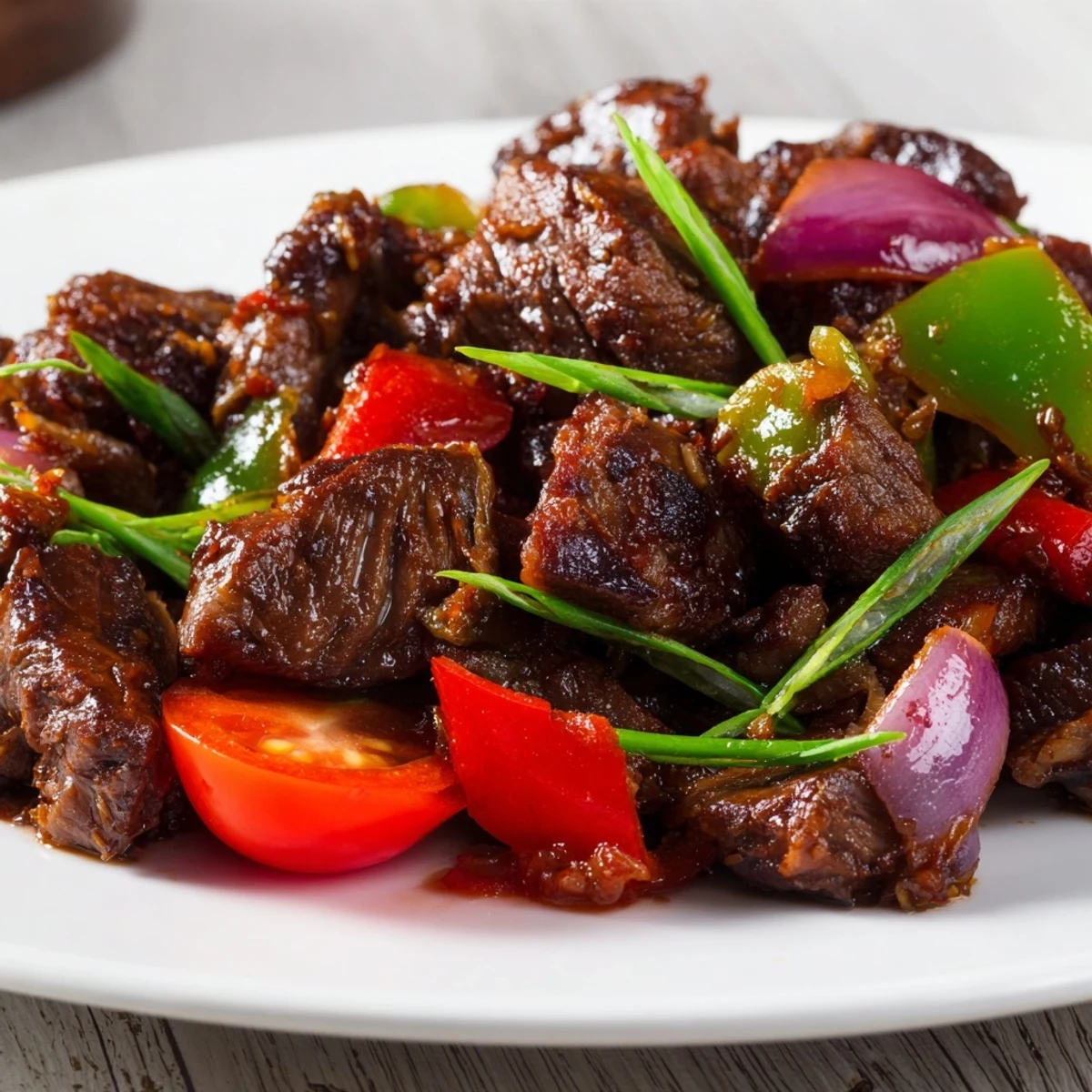 Sizzling marinated steak with charred edges in Vietnamese Shaking Beef, stir-fried with colorful vegetables and ready to be enjoyed with fluffy rice.