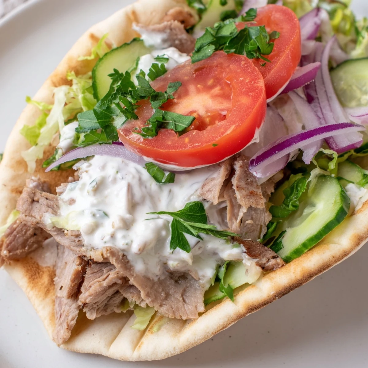 Homemade Doner Kebab served on a wooden board with sliced flatbread, pickled onions, and vibrant colorful vegetable garnish.
