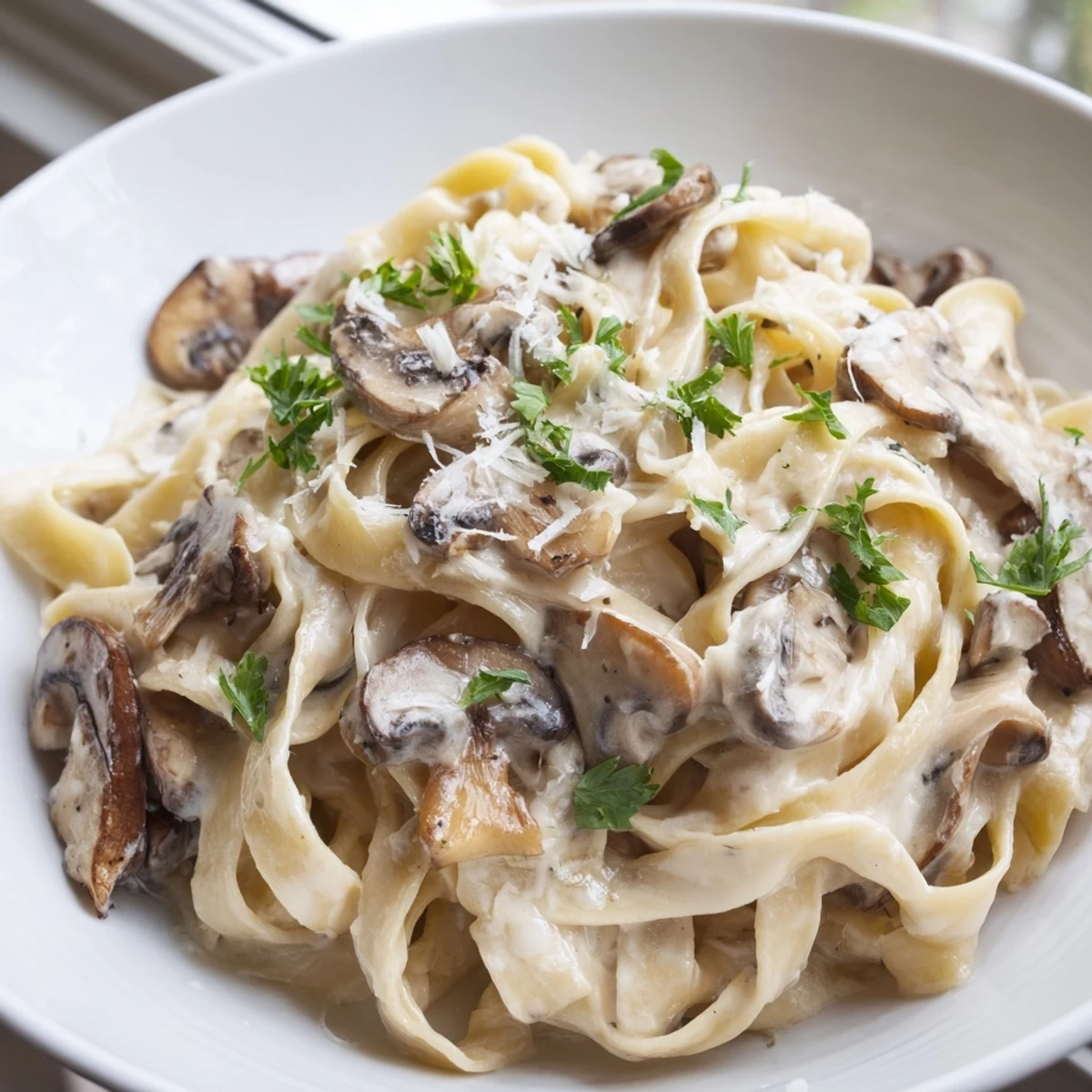 Earthy Truffle Mushroom Pasta is garnished with Parmesan and parsley, steaming beside a glass of white wine.