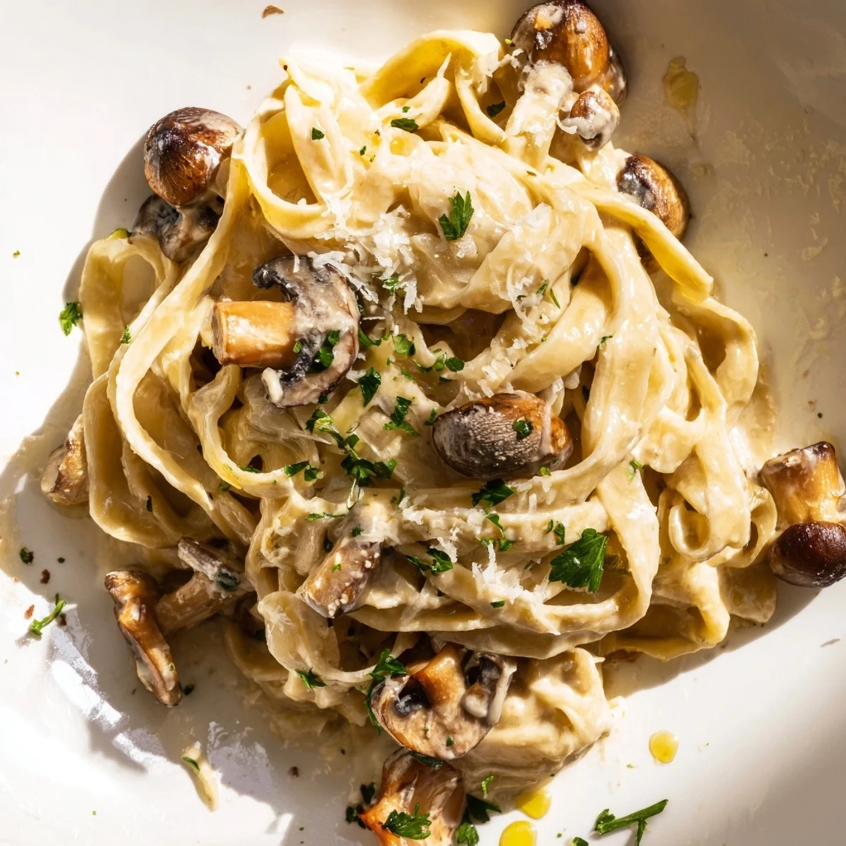 Warm Truffle Mushroom Pasta is plated with silky cream sauce, shaved truffle, and sautéed mushrooms for two.