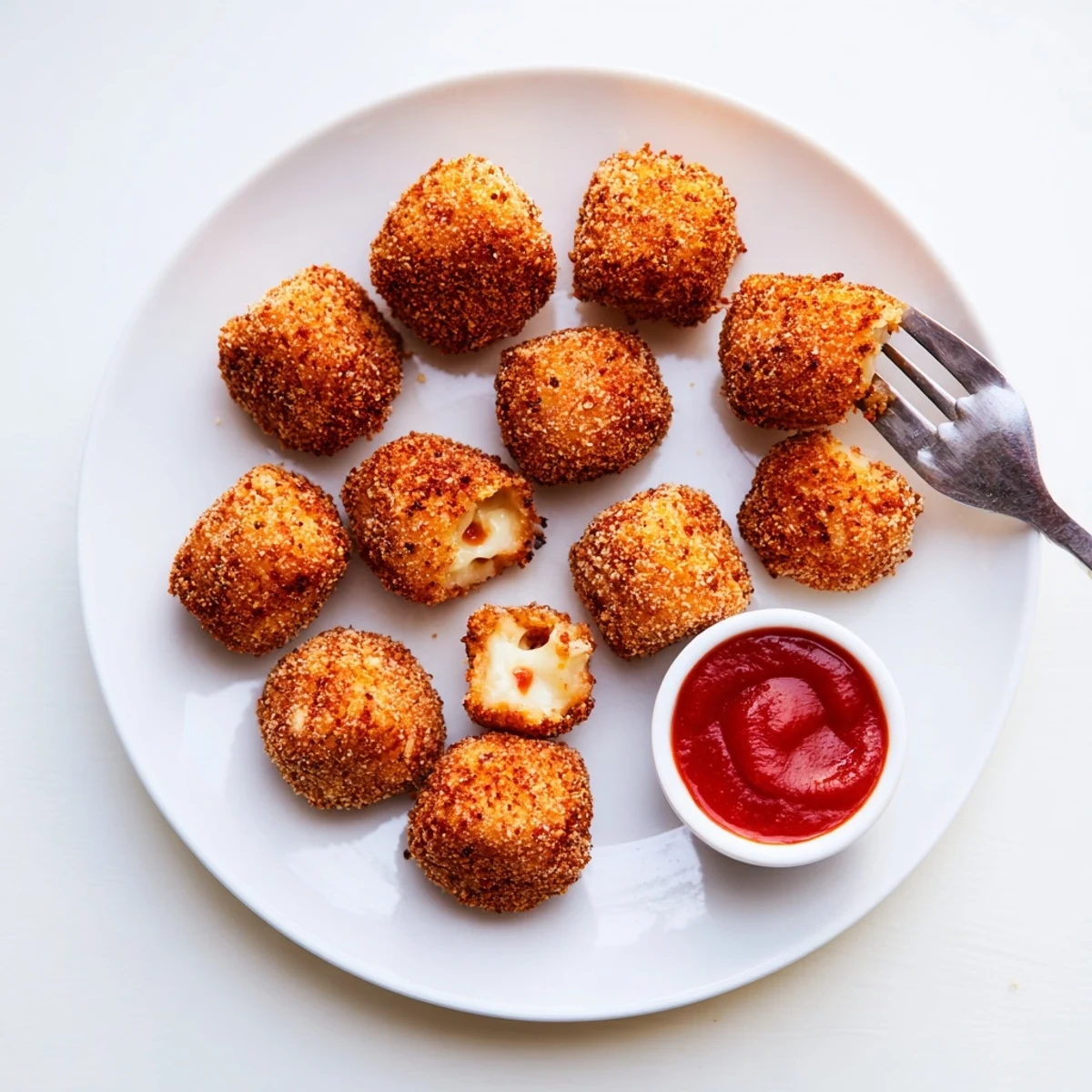 Plate of golden crispy cottage cheese treats beside a small bowl of marinara sauce.  