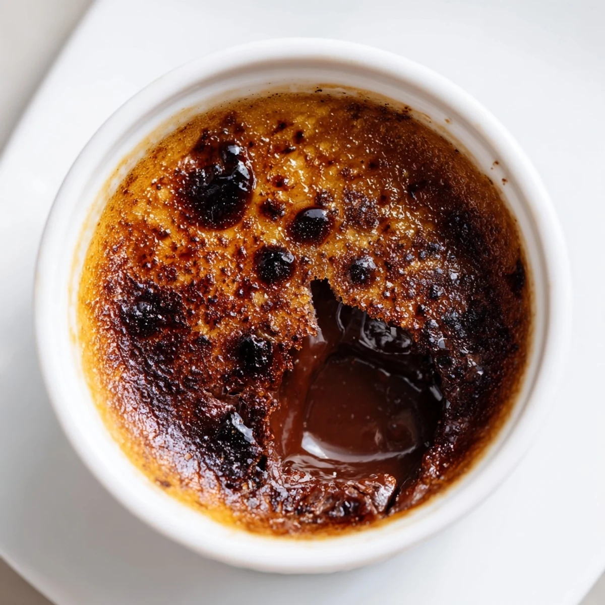 Golden torch-lit Chocolate Crème Brûlée for Valentines Day features a crackly caramelized top beside fresh raspberries.