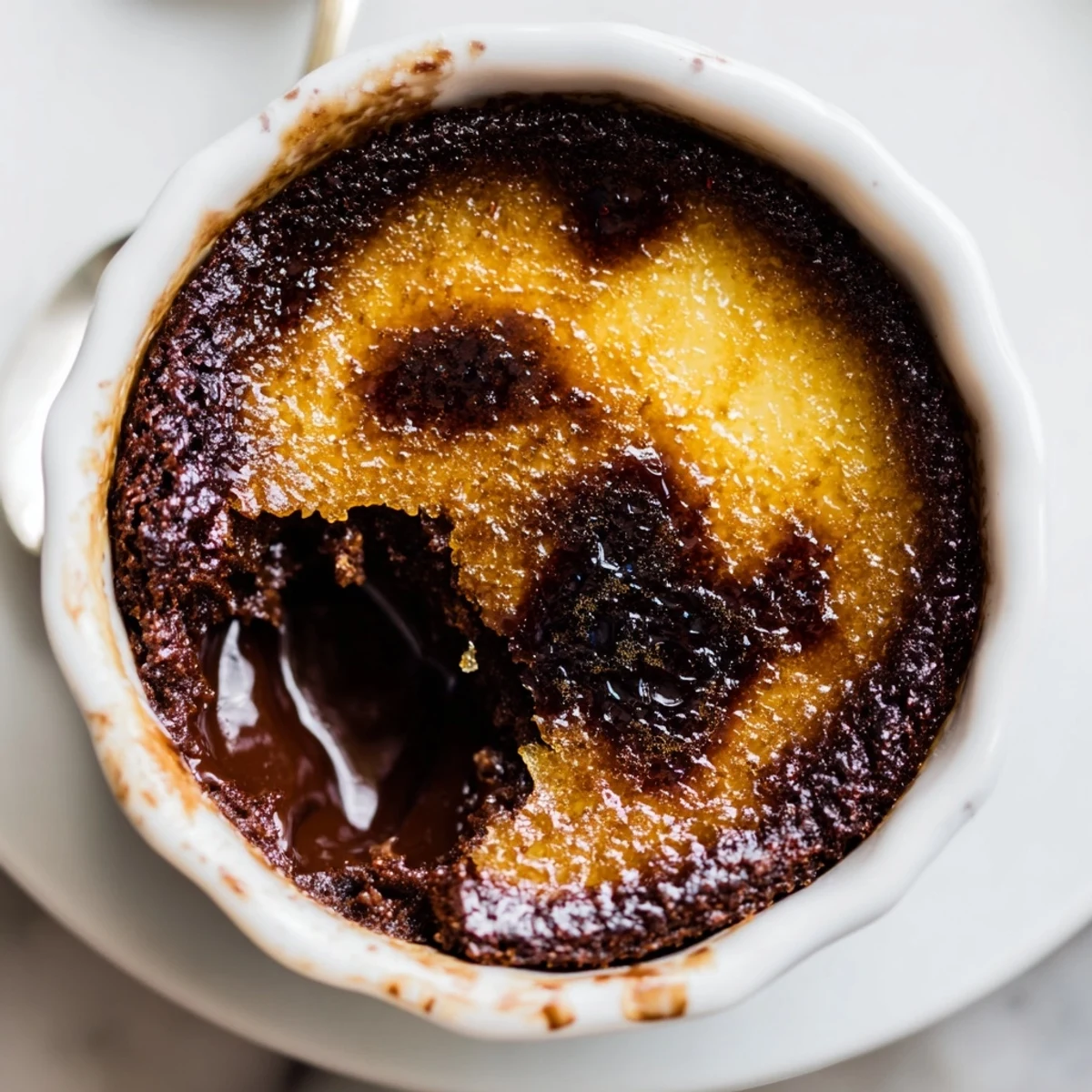 A romantic serving of Chocolate Crème Brûlée for Valentines Day reveals rich custard under a crisp sugar crust.