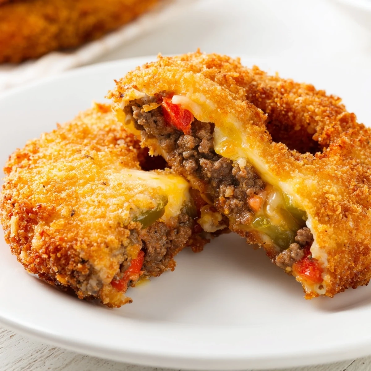 Golden crispy onion rings stuffed with seasoned beef, melted cheddar, and tangy pickles for a savory snack.