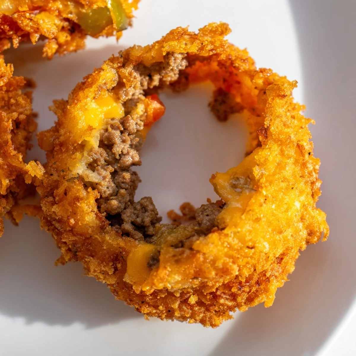 Sliced view of Cheeseburger Onion Ring Roll revealing juicy burger filling inside crunchy panko coating.