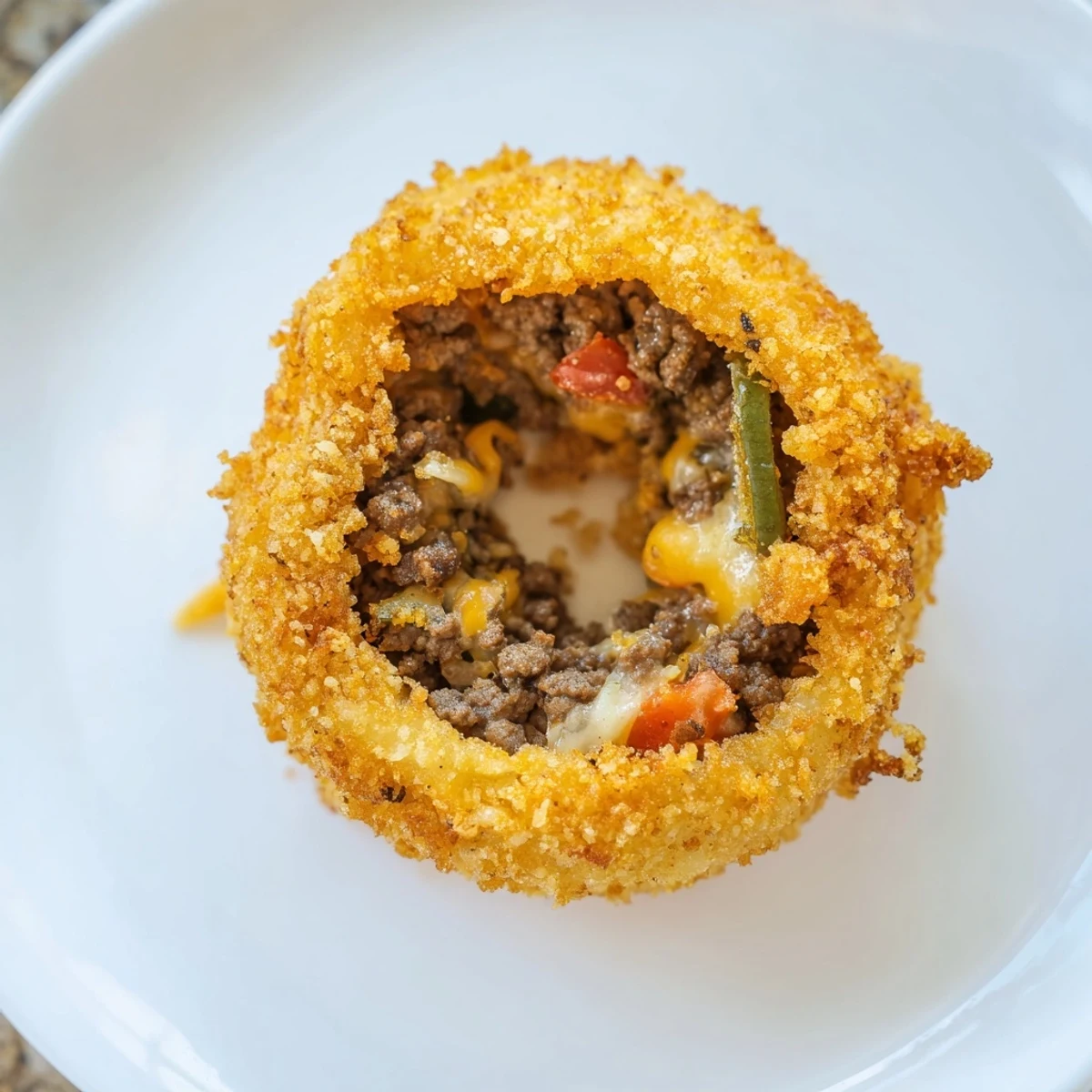 Close up of golden Cheeseburger Onion Ring Roll with ketchup mustard drizzle on a rustic plate.