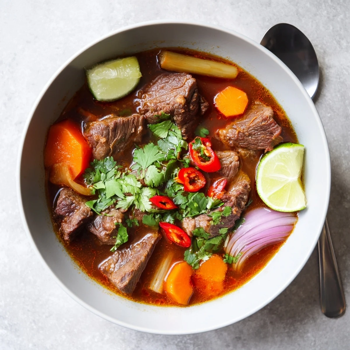 Steaming bowl of Bo Kho stew with tender beef, carrots, and fresh cilantro garnish for dipping bread.