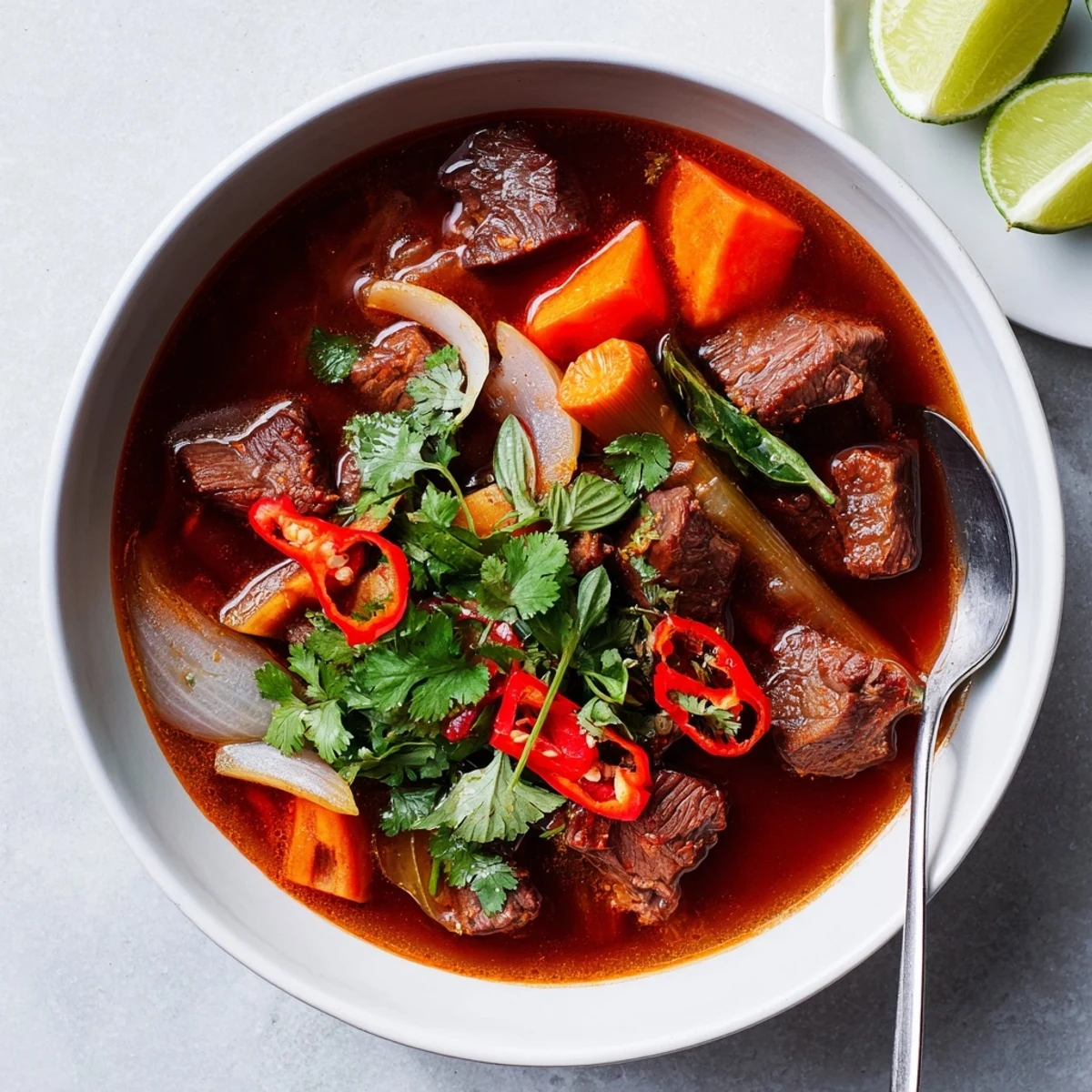 Hearty Bo Kho stew in a rustic bowl with bright carrots and herbs, ready to serve with noodles.