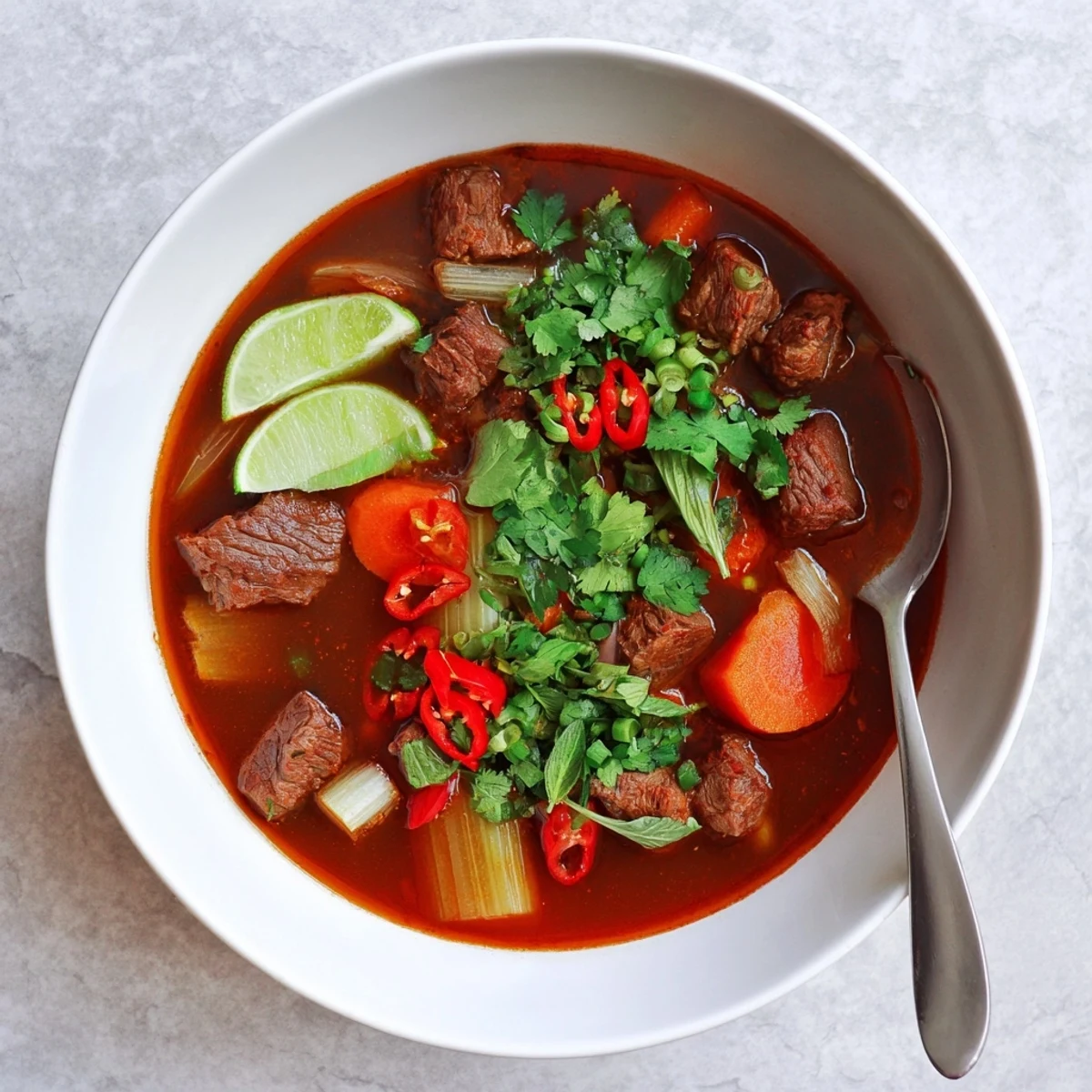 Rich Vietnamese Bo Kho beef stew simmered with lemongrass and star anise, served alongside crusty bread.