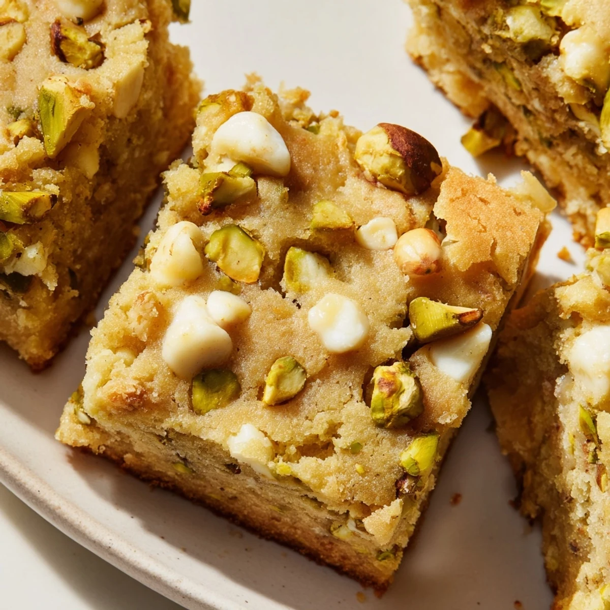 Freshly baked pistachio blondies with golden edges, studded with toasted pistachios and white chocolate chips, served warm from the oven.