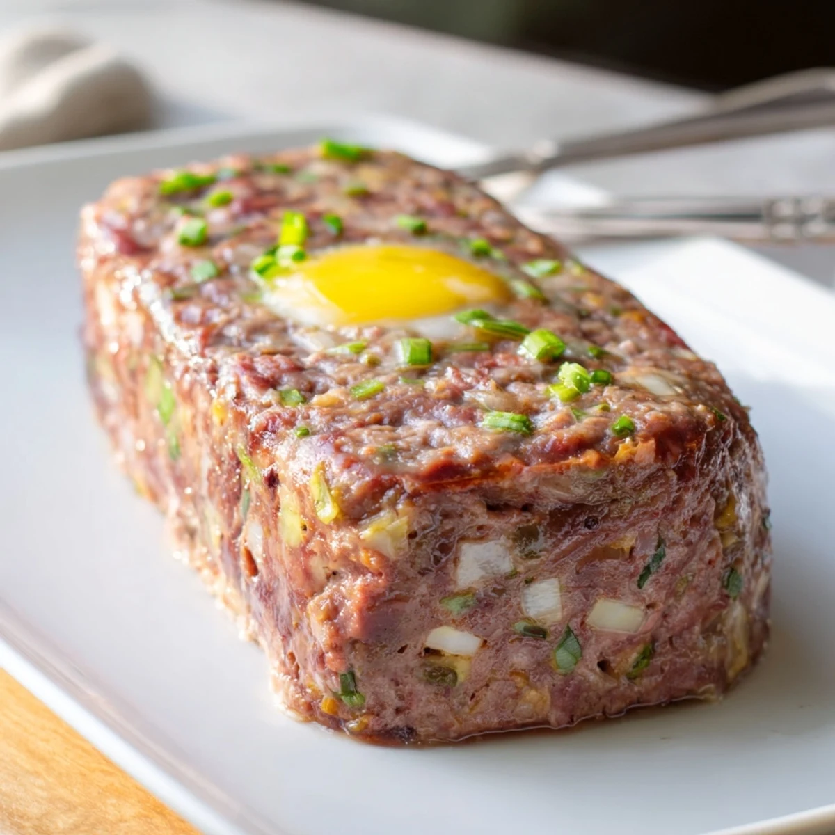 Steamed Cha Trung Hap meatloaf topped with glossy golden egg yolk in a white dish.