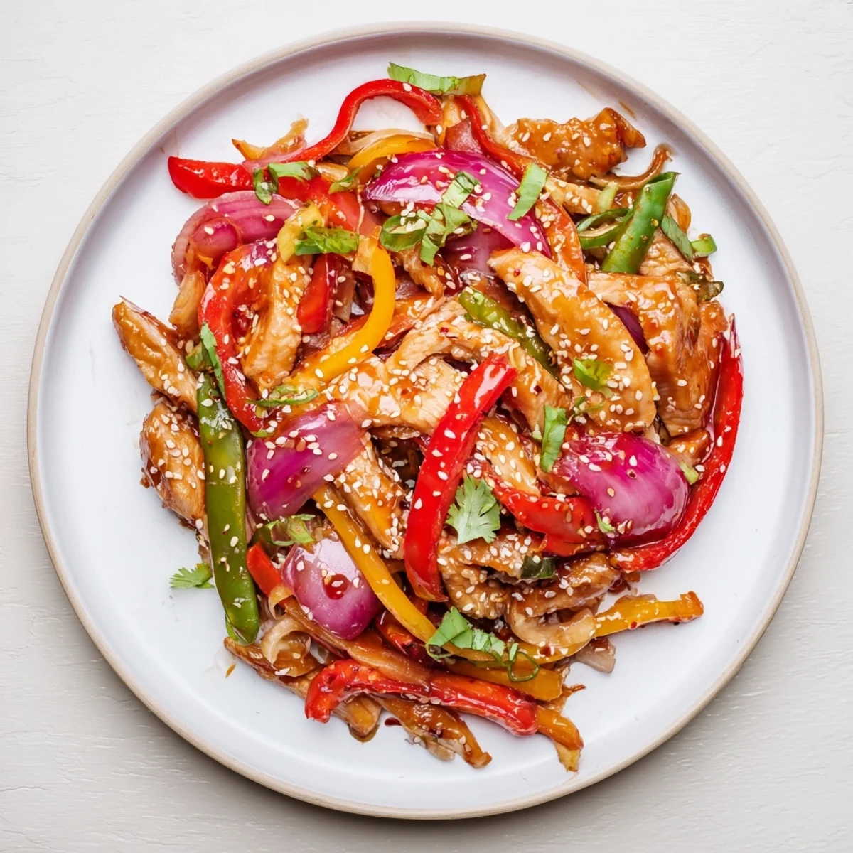 Wok-tossed Quick Sweet Chilli Chicken Stir Fry, garnished with spring onions and sesame seeds for dinner.