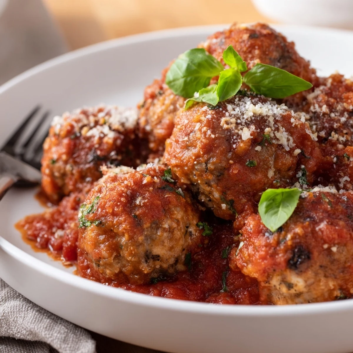 Platter of hearty vegetarian Ricotta and Mushroom Meatballs with Tomato Sauce over spaghetti, ready to serve.