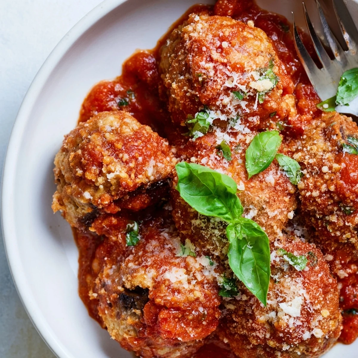Golden baked ricotta and mushroom meatballs nestled in a rich, simmered tomato sauce, garnished with fresh basil.