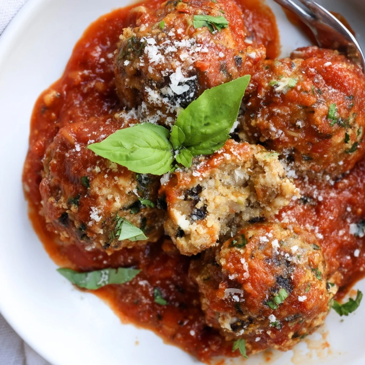 Close-up of Ricotta and Mushroom Meatballs with Tomato Sauce, showing tender texture and melted Parmesan topping.