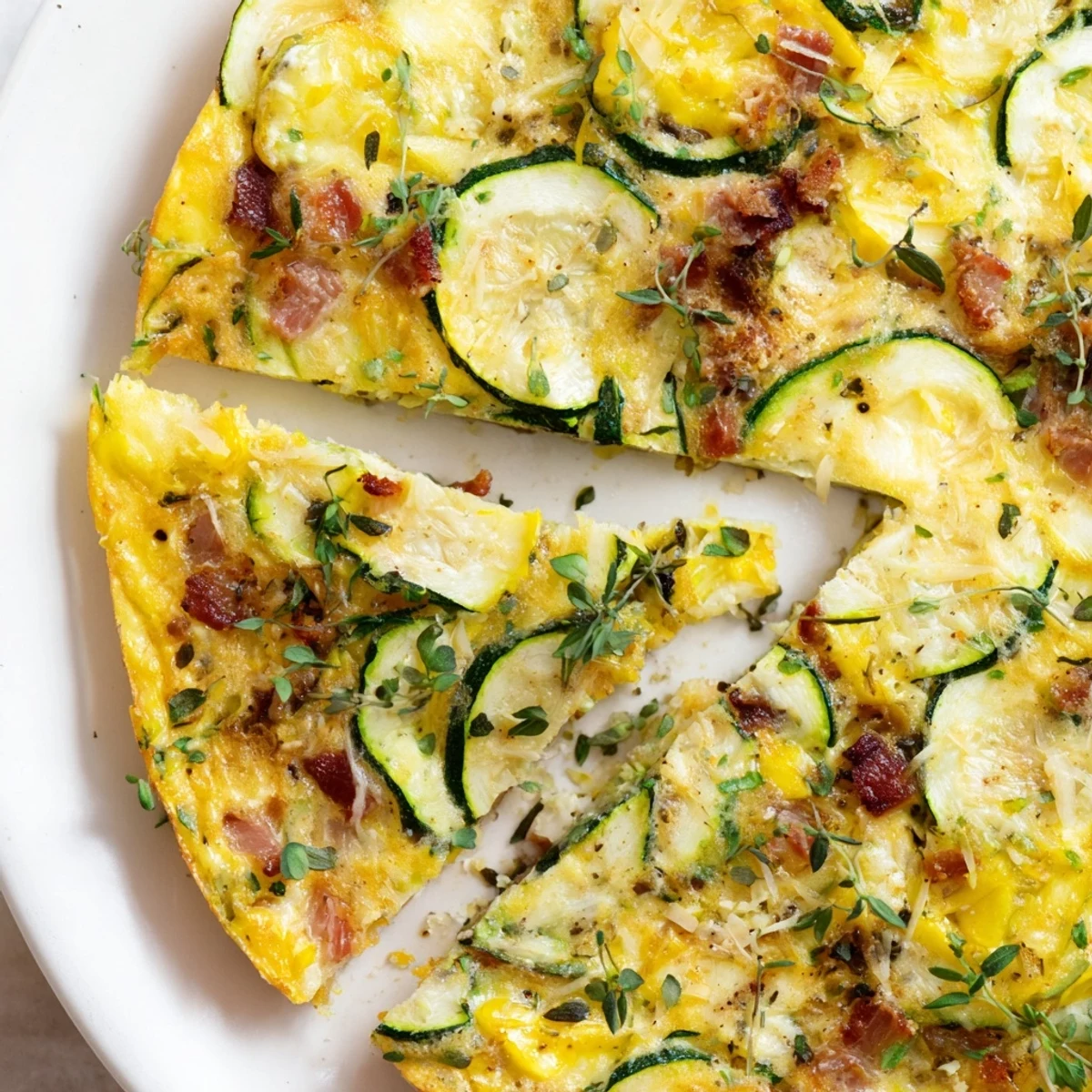 Fresh Zucchini Herb and Pancetta Frittata garnished with parsley, served warm with a colorful side salad for brunch.