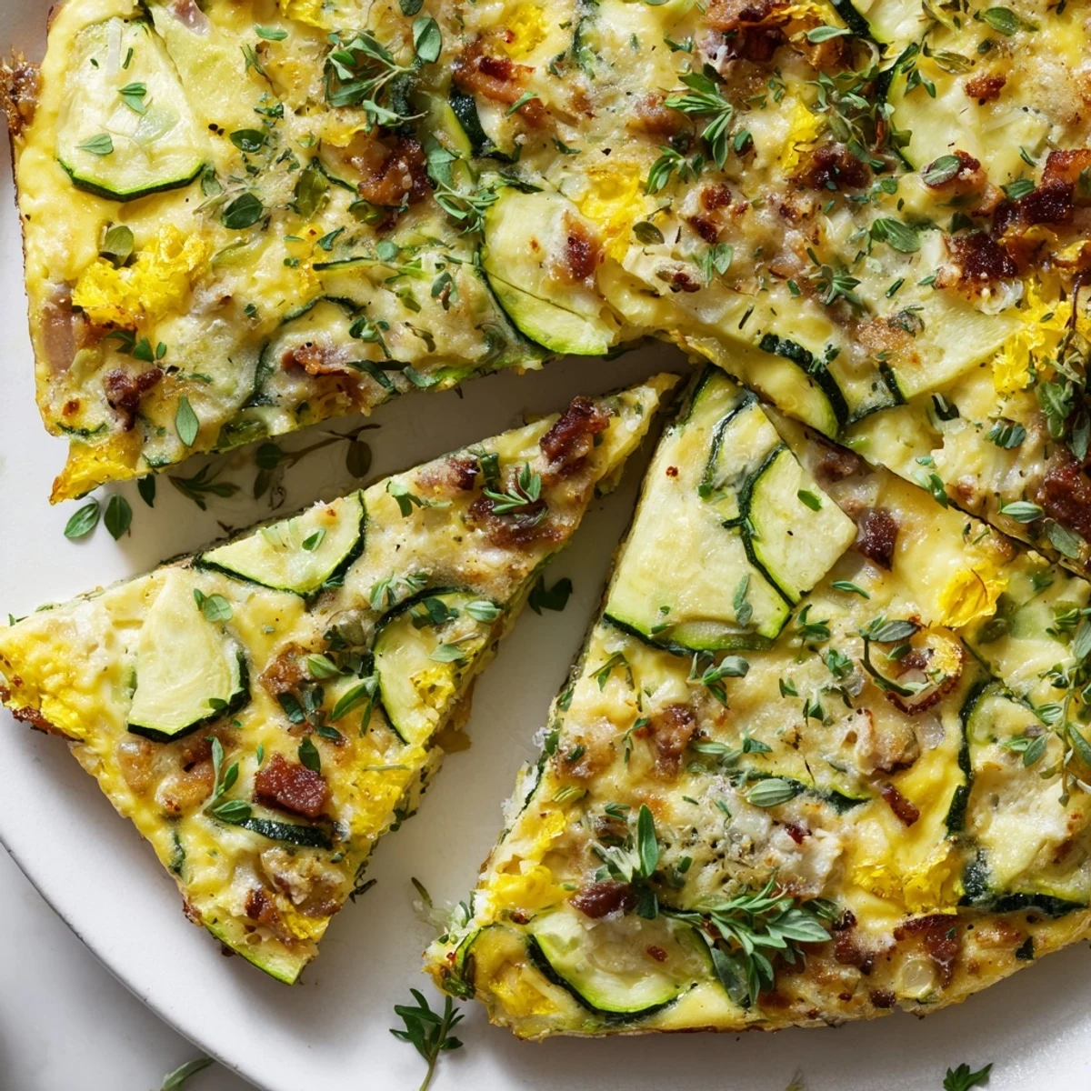 Oven-baked Zucchini Herb and Pancetta Frittata slices showing golden eggs, green herbs, and crispy meat on a white plate.