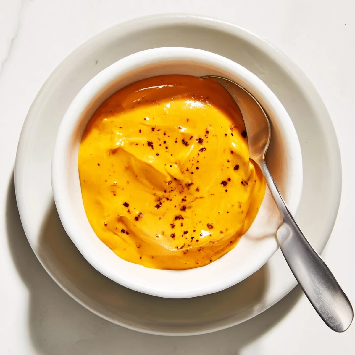 Golden, bubbling Snappy Cheddar Sauce in a white bowl, drizzled over steaming baked potatoes.