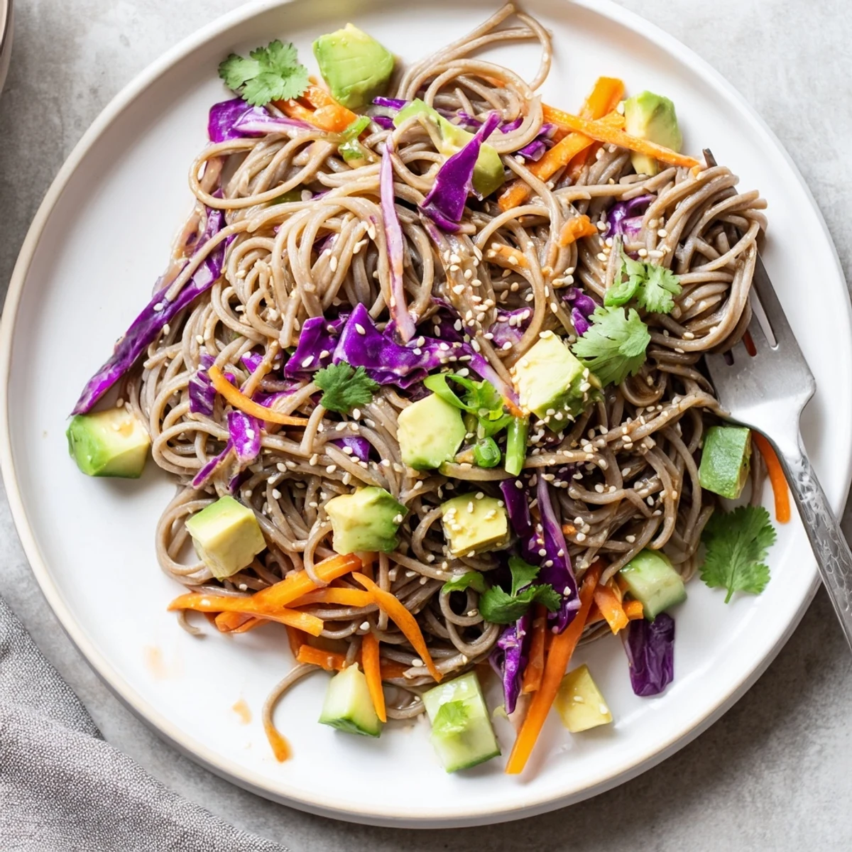 Freshly prepared Sesame Avocado and Soba Noodle Salad served in a white bowl, garnished with sliced green onions and sesame seeds.