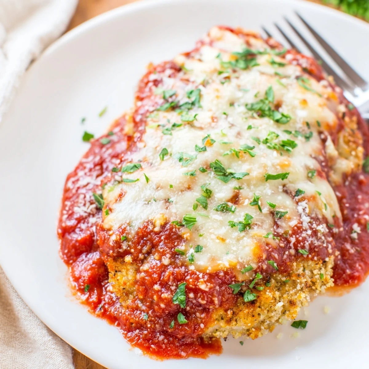 Freshly fried breaded chicken breasts are smothered in rich marinara sauce and topped with bubbly, melted mozzarella in this Chicken Parmigiana.