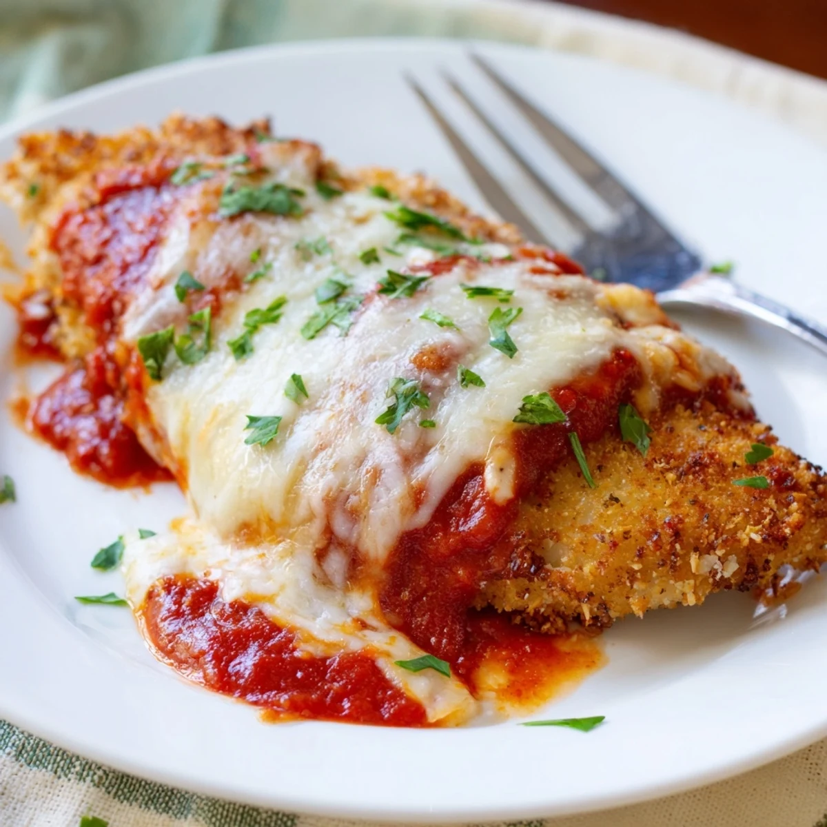 Melted mozzarella and Parmesan cheese bubble over tender chicken cutlets in a baking dish, highlighting this homemade Chicken Parmigiana recipe.