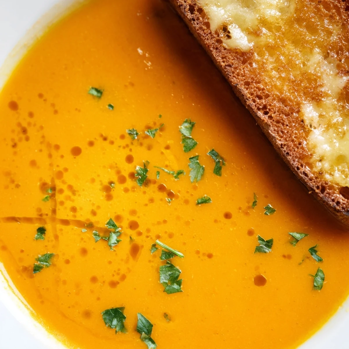 Golden bowls of creamy carrot and coriander soup topped with fresh herbs, served alongside warm Parmesan toasts.