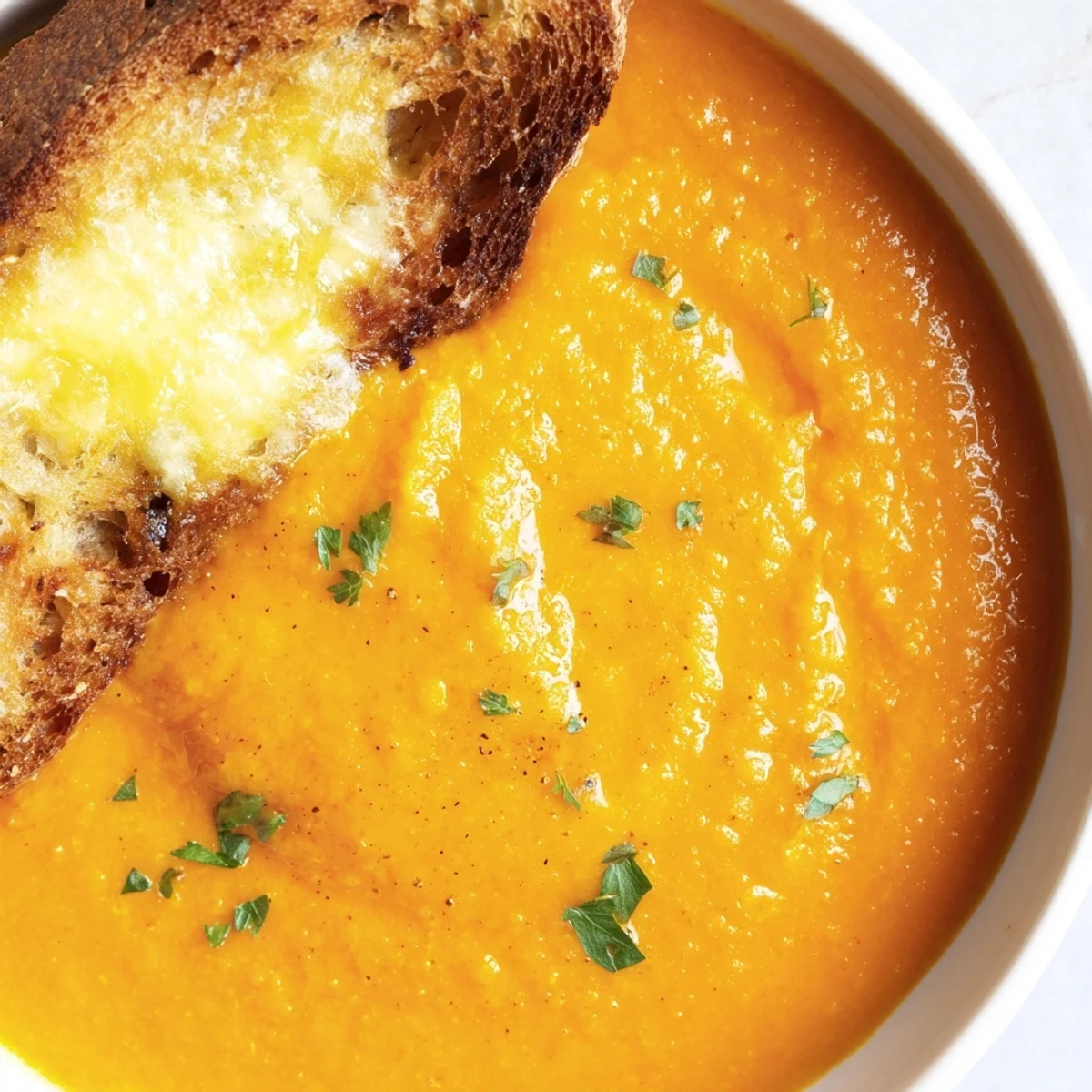 A close-up of velvety orange carrot soup with a swirl of cream and a sprinkle of fresh coriander.