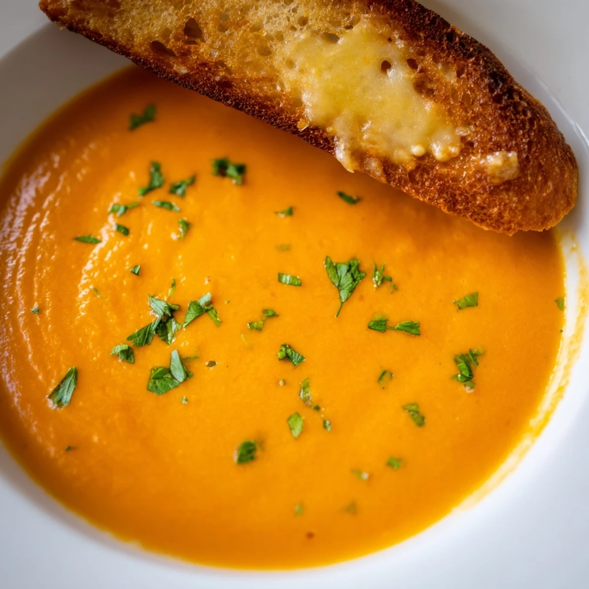 A rustic bowl of aromatic carrot soup with crisp Parmesan toasts on a plate, perfect for a comforting meal.