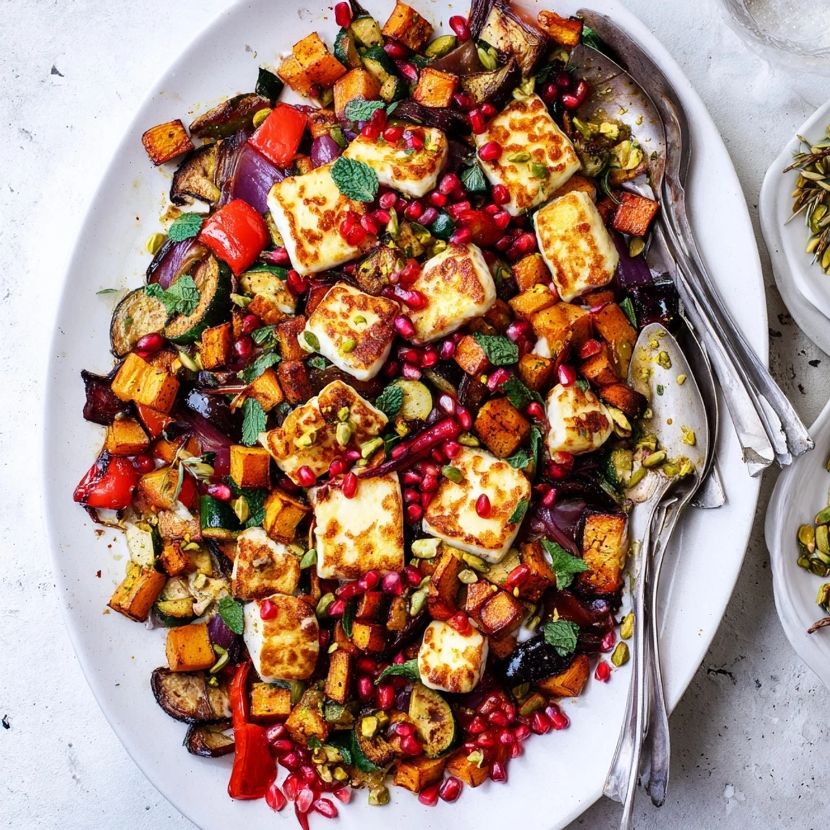 A close-up of golden Jewelled Haloumi With Spiced Vegetable Bake topped with pomegranate jewels and mint on a rustic platter.