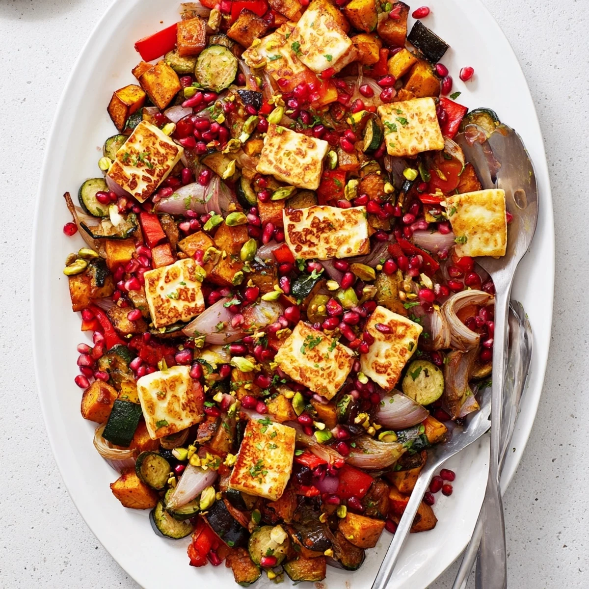 Overhead view of Jewelled Haloumi With Spiced Vegetable Bake featuring caramelized vegetables and pan-seared haloumi with colorful garnishes ready to serve.