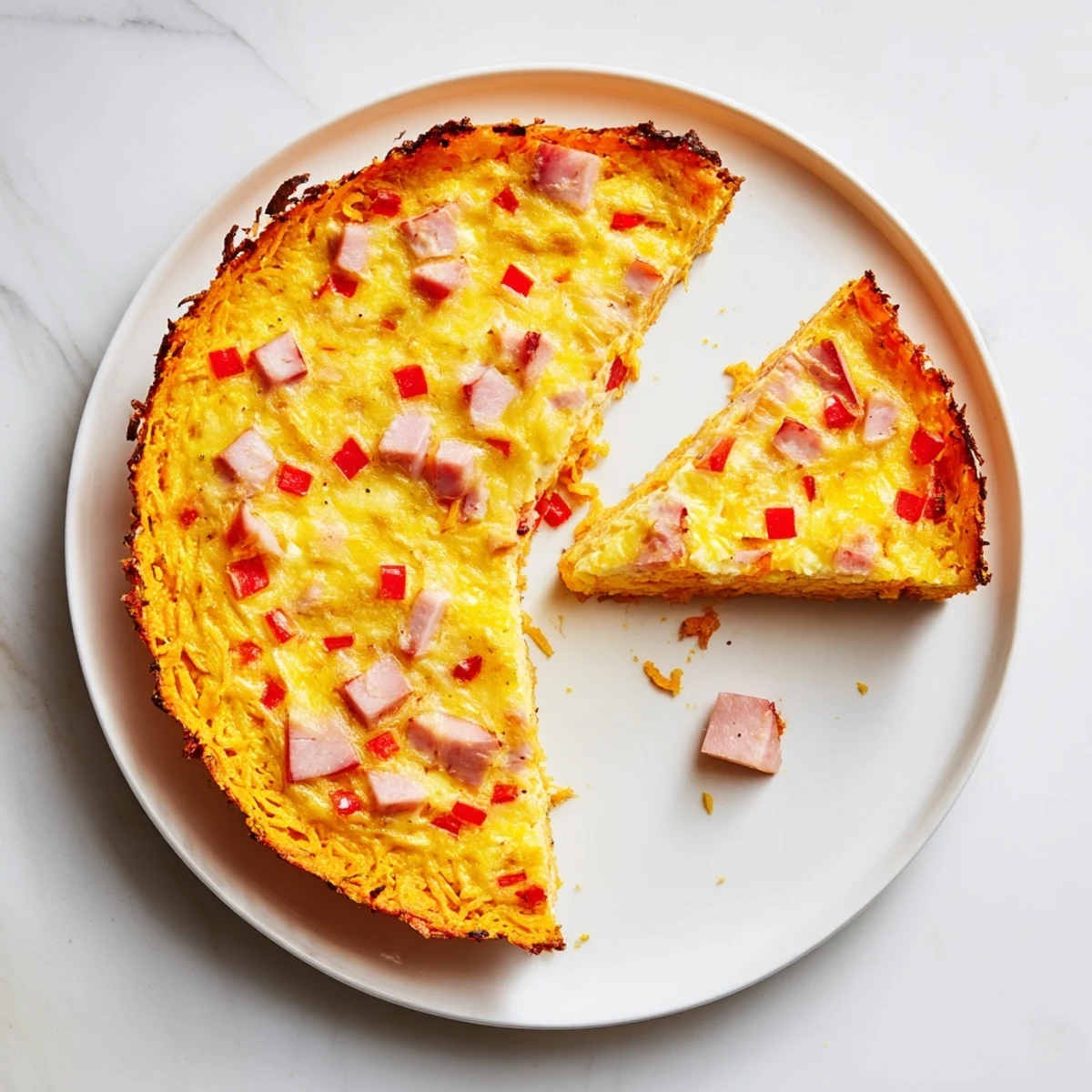 The finished Red Capsicum and Ham Quiche with Sweet Potato Crust is presented golden and savory, perfect for a gluten-free brunch.