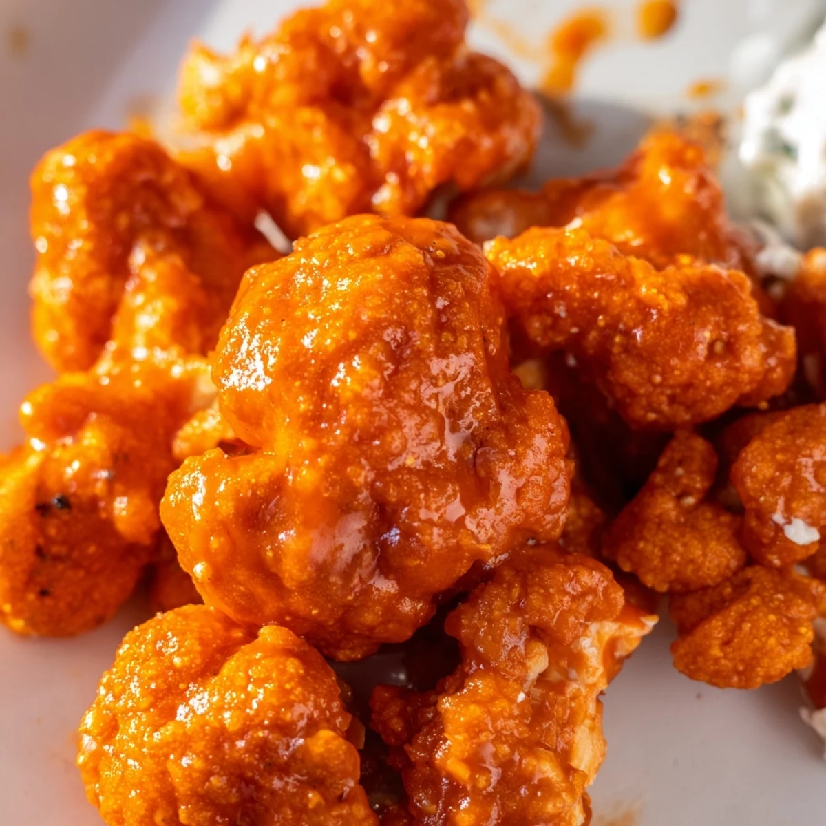 Air Fryer Buffalo Cauliflower bites served with crisp celery sticks and creamy blue cheese dip.