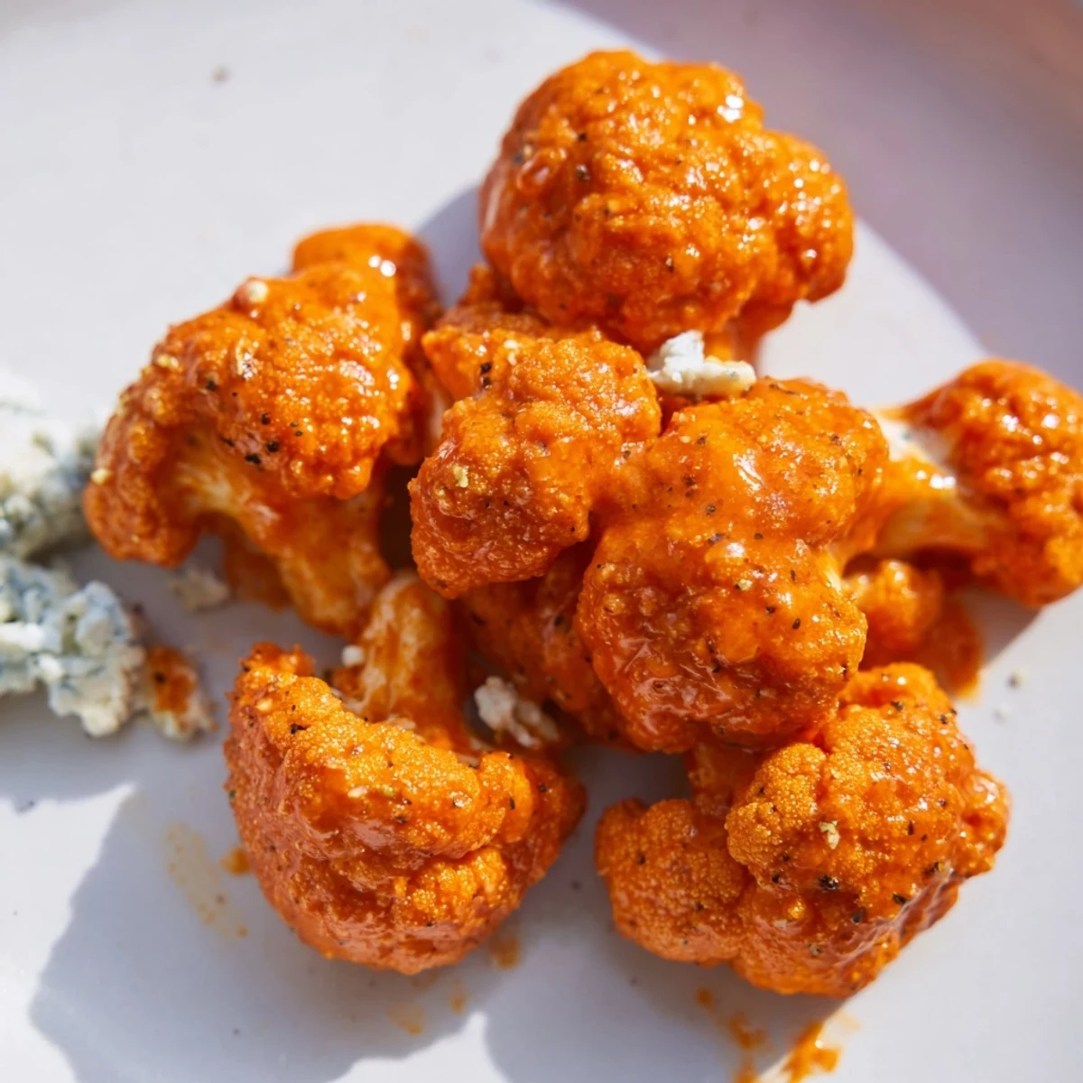 Golden, crispy Air Fryer Buffalo Cauliflower florets glistening with tangy red sauce on a white plate.