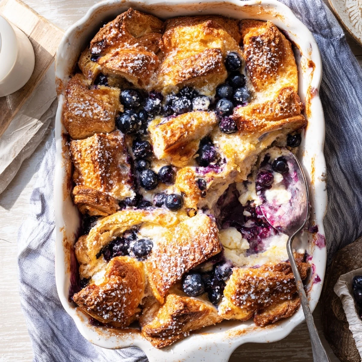 A slice of Blueberry Cream Cheese Croissant Casserole reveals layers of flaky pastry and creamy filling with fresh blueberries.
