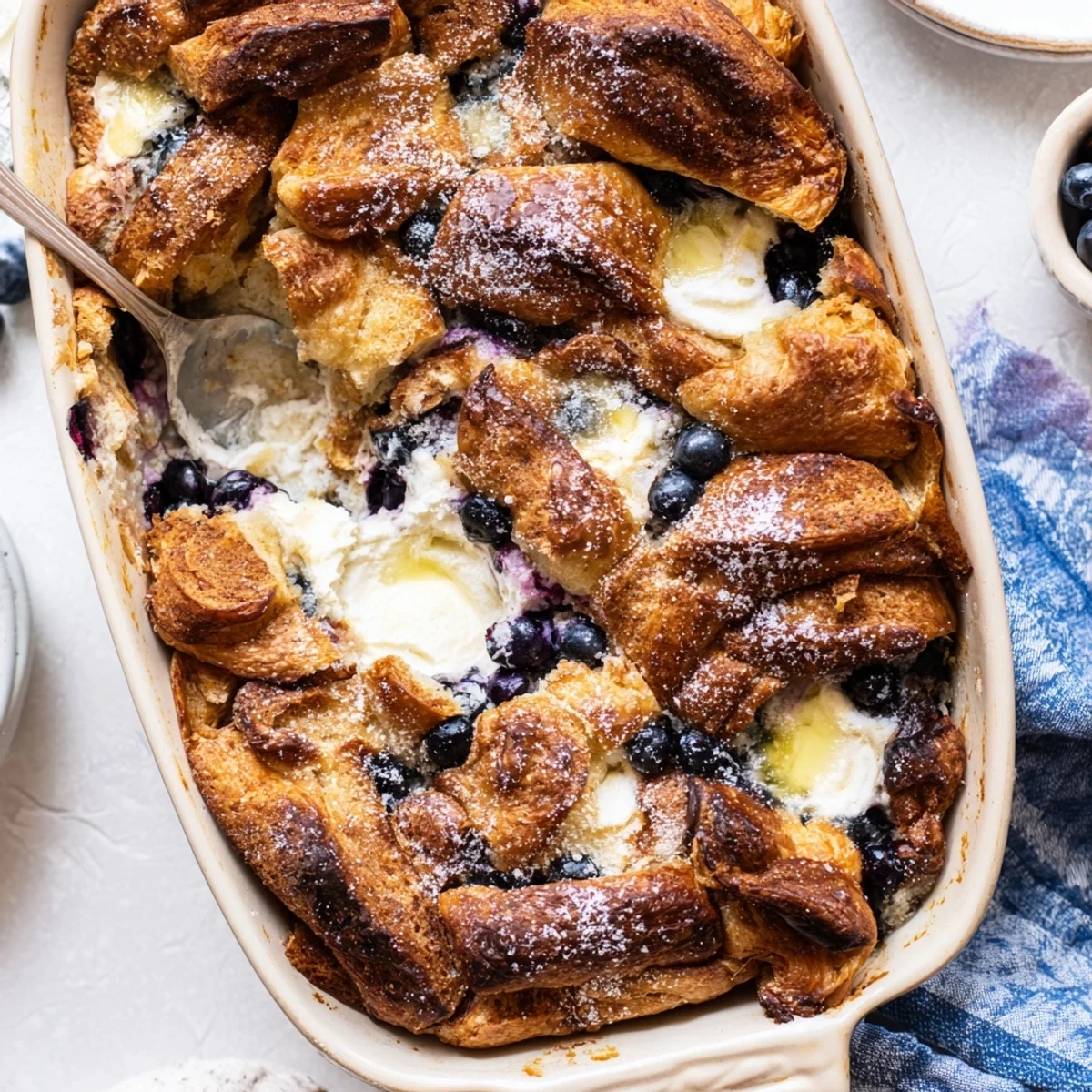 A close-up of Blueberry Cream Cheese Croissant Casserole shows juicy blueberries and melted butter on top for a perfect brunch.