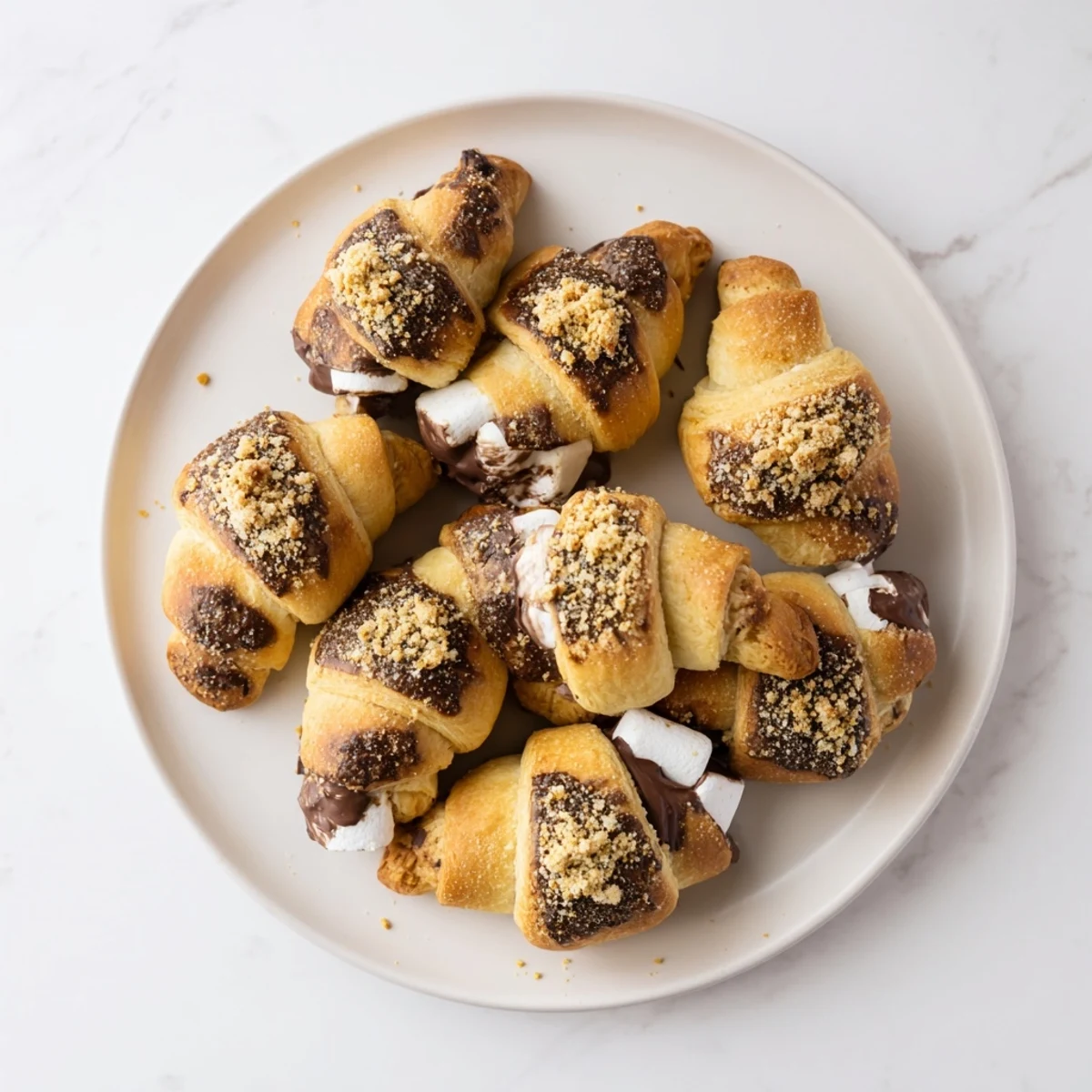 Golden-brown Smores Crescent Rolls fresh from the oven, showcasing flaky pastry with melted marshmallow and chocolate peeking out, served warm on a rustic wooden board.