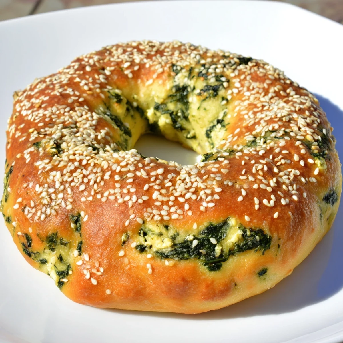 Freshly baked spinach cottage cheese flagels topped with sesame seeds, ready to be enjoyed with butter for breakfast.