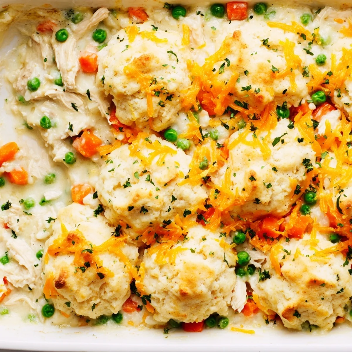 Golden, flaky cheddar biscuits crown a creamy filling of chicken, carrots, peas, and celery in this Red Lobster Biscuit Chicken Pot Pie, served warm in a rustic dish.  