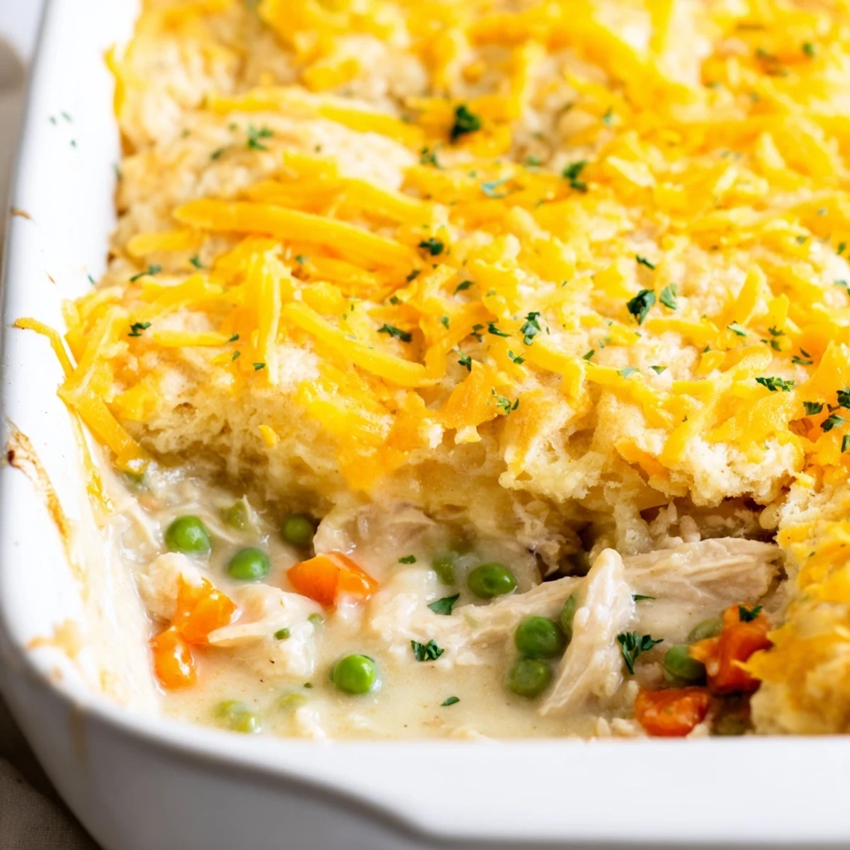 Steaming Red Lobster Biscuit Chicken Pot Pie sits beside a glass of Chardonnay, showcasing golden biscuit tops and a hearty, vegetable-packed interior.