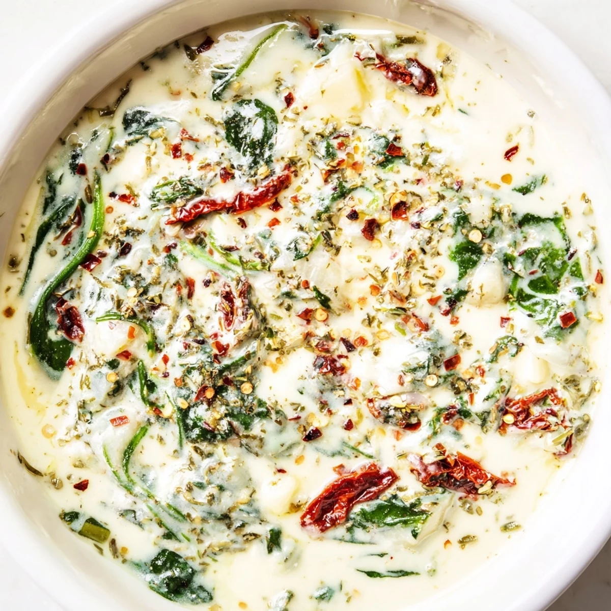 Creamy Tuscan Garlic Sauce simmered in a skillet with wilted spinach and sun-dried tomatoes.