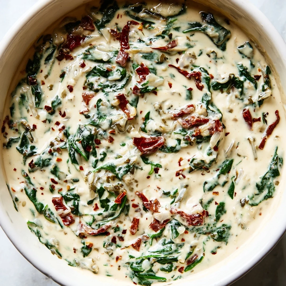 A close-up of Creamy Tuscan Garlic Sauce served over grilled chicken and crusty bread.